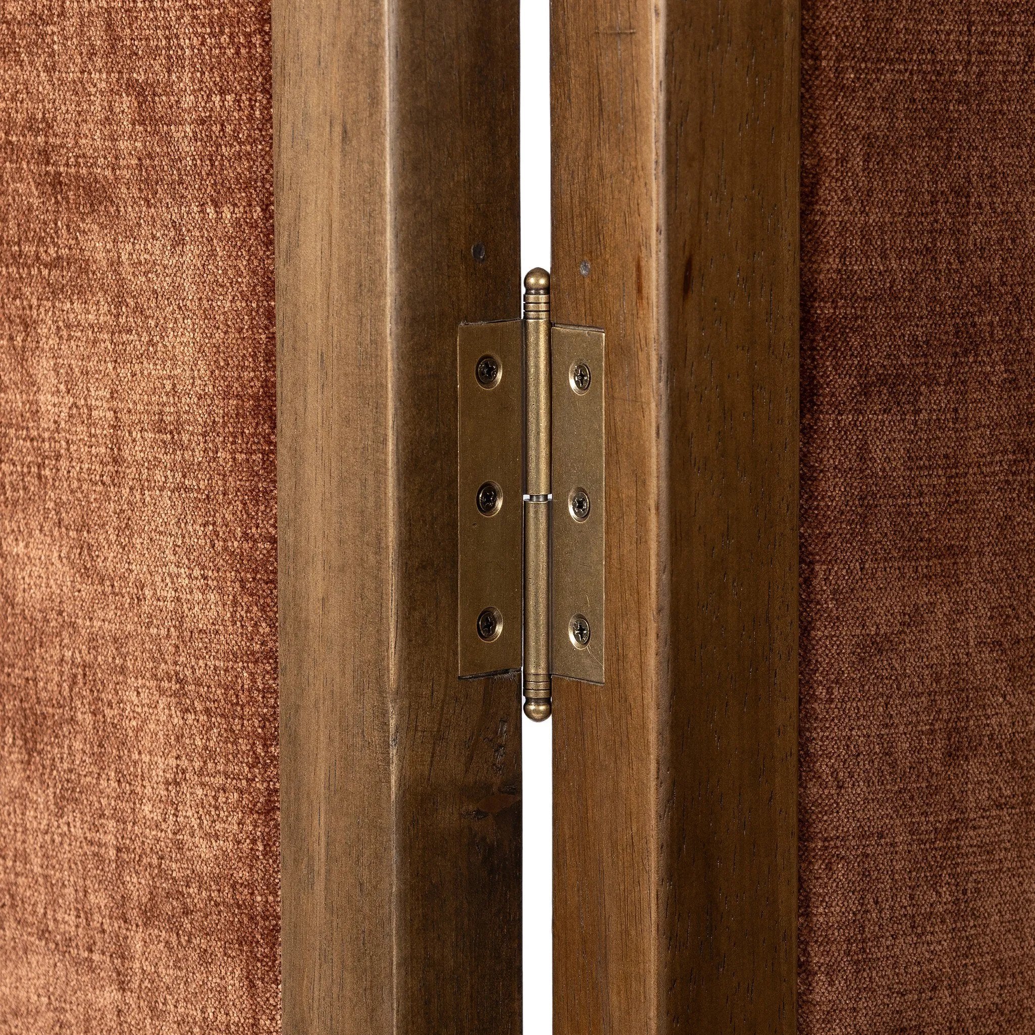 Featuring Duane Vintage Parawood Room Divider by Four Hands at Amethyst Home. Add privacy where you need it with a vintage-inspired room divider. Three long panels are upholstered in a rich rust-colored chenille and framed out by warm parawood. Overall Dimensions: 72.00"w x 1.50"d x 73.00"h. Amethyst Home provides interior design, new home construction design consulting, vintage area rugs, and lighting in the Austin metro area.