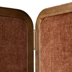 Featuring Duane Vintage Parawood Room Divider by Four Hands at Amethyst Home. Add privacy where you need it with a vintage-inspired room divider. Three long panels are upholstered in a rich rust-colored chenille and framed out by warm parawood. Overall Dimensions: 72.00"w x 1.50"d x 73.00"h. Amethyst Home provides interior design, new home construction design consulting, vintage area rugs, and lighting in the Dallas metro area.