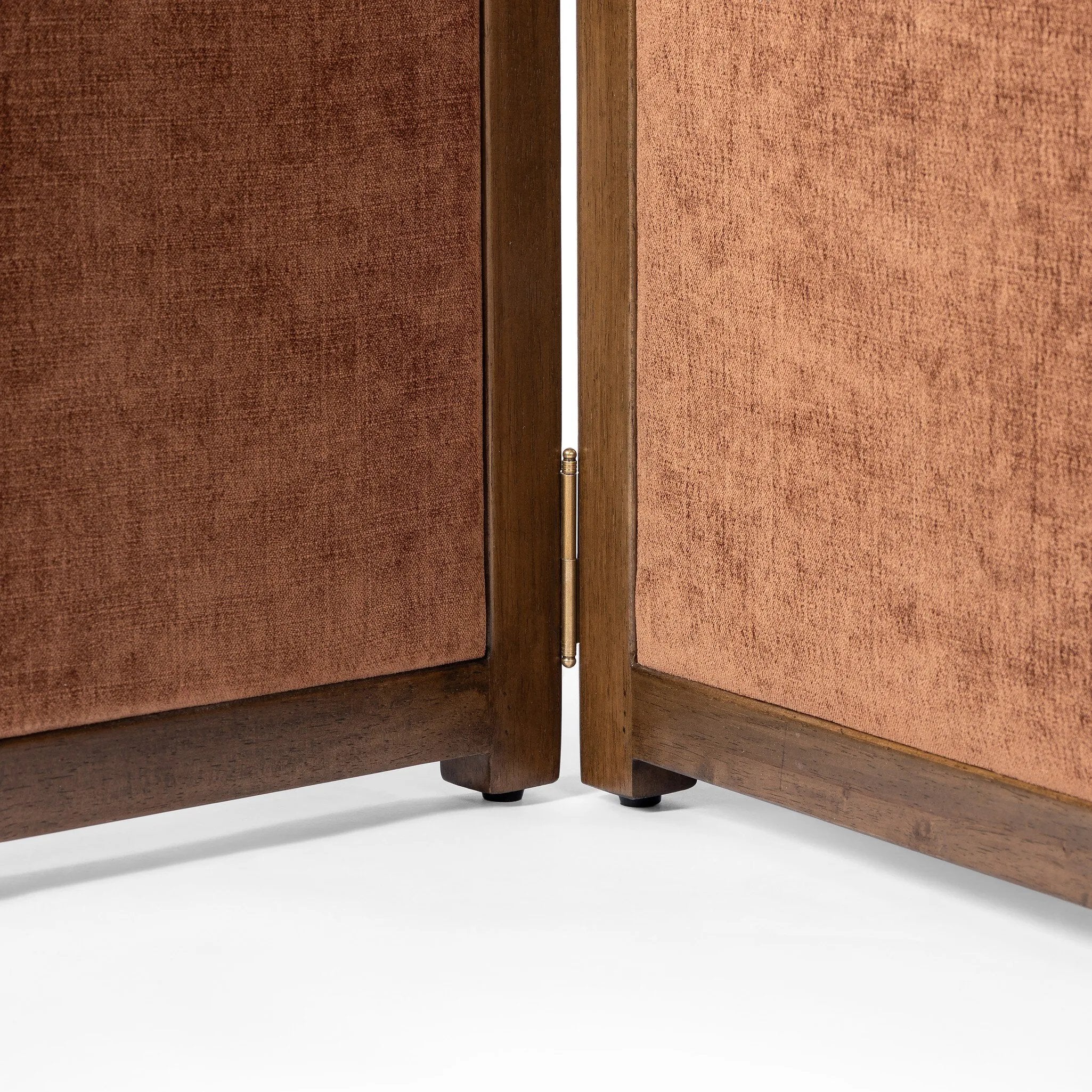 Featuring Duane Vintage Parawood Room Divider by Four Hands at Amethyst Home. Add privacy where you need it with a vintage-inspired room divider. Three long panels are upholstered in a rich rust-colored chenille and framed out by warm parawood. Overall Dimensions: 72.00"w x 1.50"d x 73.00"h. Amethyst Home provides interior design, new home construction design consulting, vintage area rugs, and lighting in the Laguna Beach metro area.
