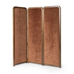 Featuring Duane Vintage Parawood Room Divider by Four Hands at Amethyst Home. Add privacy where you need it with a vintage-inspired room divider. Three long panels are upholstered in a rich rust-colored chenille and framed out by warm parawood. Overall Dimensions: 72.00"w x 1.50"d x 73.00"h. Amethyst Home provides interior design, new home construction design consulting, vintage area rugs, and lighting in the Nashville metro area.