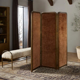 Featuring Duane Vintage Parawood Room Divider by Four Hands at Amethyst Home. Add privacy where you need it with a vintage-inspired room divider. Three long panels are upholstered in a rich rust-colored chenille and framed out by warm parawood. Overall Dimensions: 72.00"w x 1.50"d x 73.00"h. Amethyst Home provides interior design, new home construction design consulting, vintage area rugs, and lighting in the Seattle metro area.