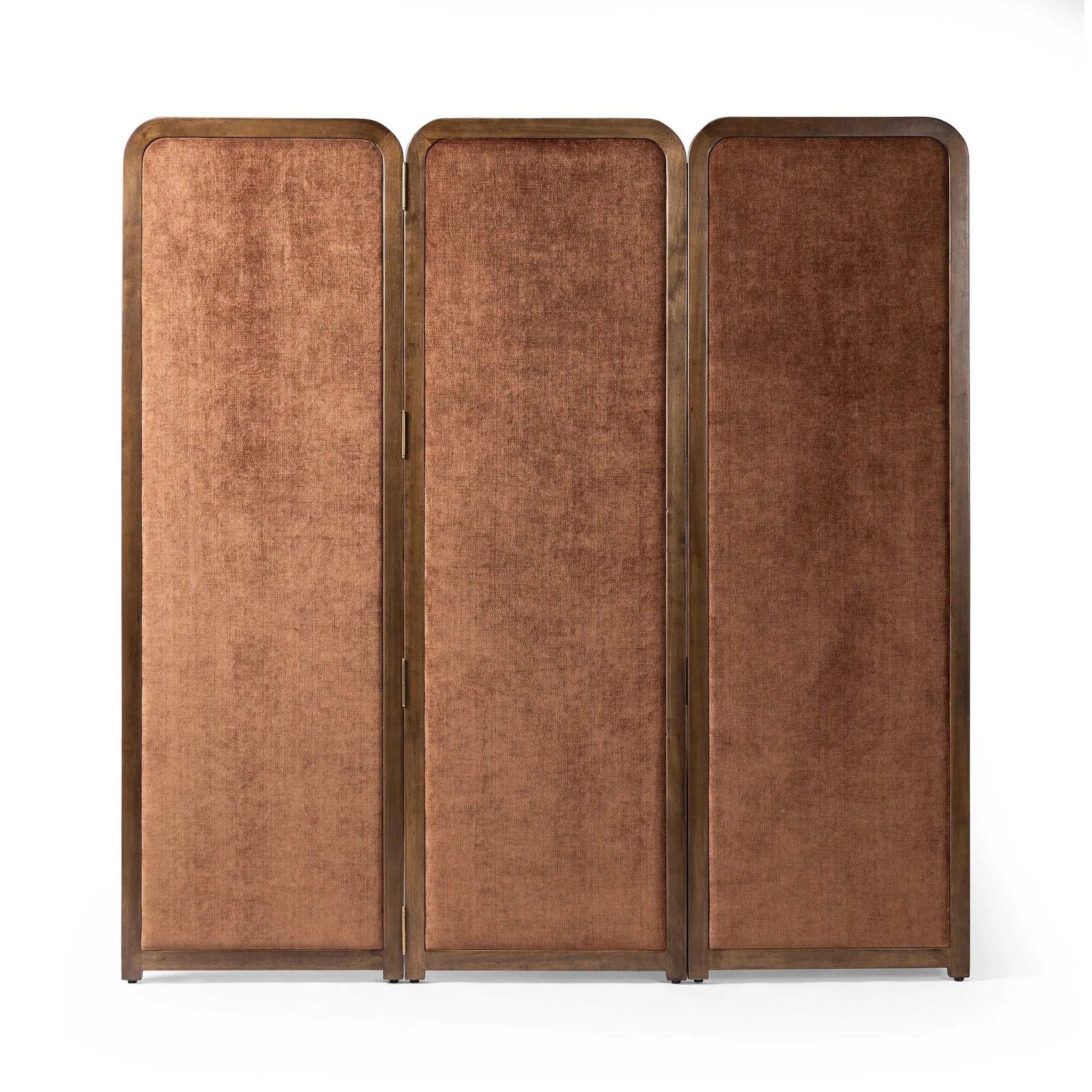 Featuring Duane Vintage Parawood Room Divider by Four Hands at Amethyst Home. Add privacy where you need it with a vintage-inspired room divider. Three long panels are upholstered in a rich rust-colored chenille and framed out by warm parawood. Overall Dimensions: 72.00"w x 1.50"d x 73.00"h. Amethyst Home provides interior design, new home construction design consulting, vintage area rugs, and lighting in the Winter Garden metro area.
