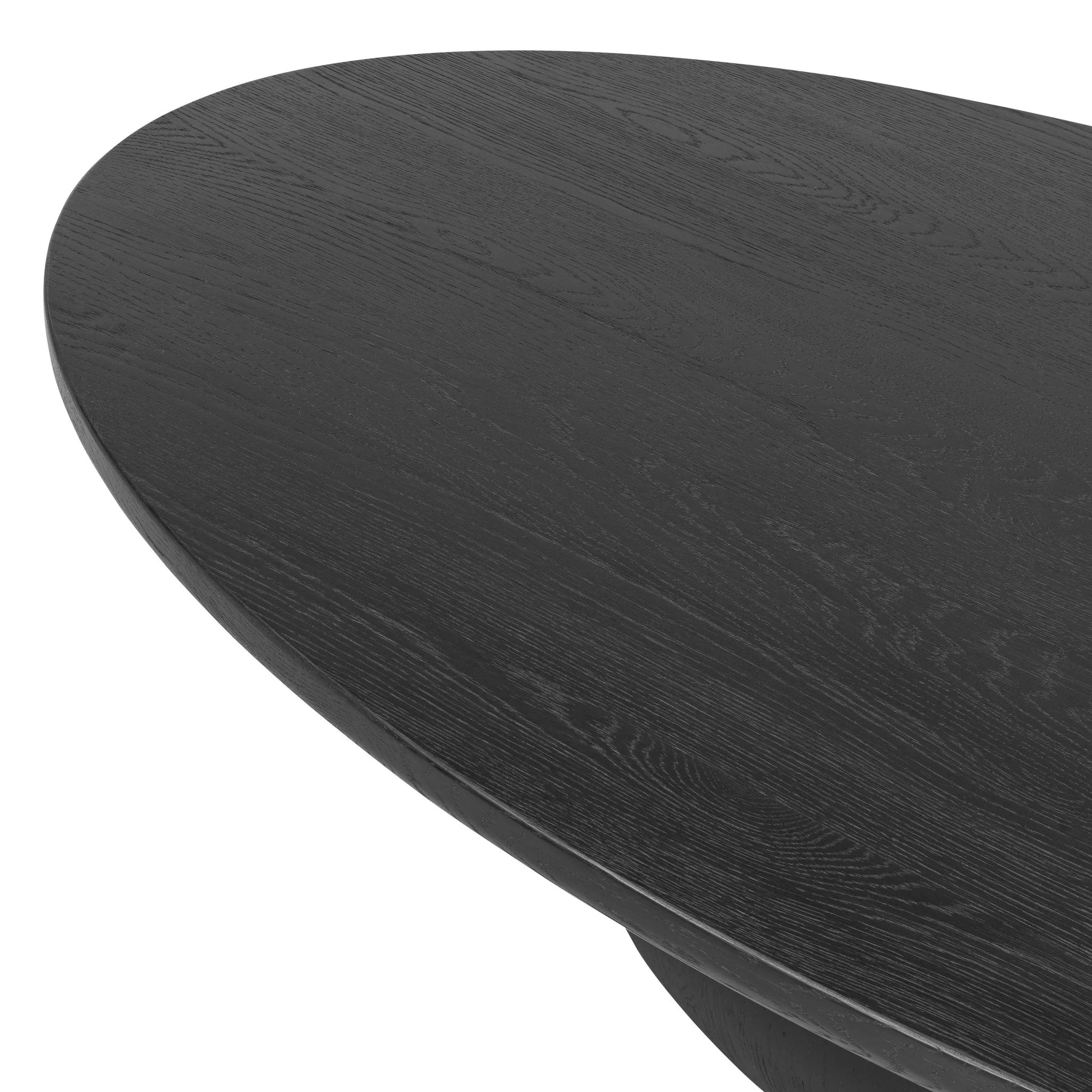 Anchor your space in shape with a beautifully contoured coffee table of worn black resin designed to mimic oak. Rounded oval top features reverse bullnose edging for a design-forward touch Amethyst Home provides interior design, new home construction design consulting, vintage area rugs, and lighting in the Seattle metro area.