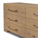 Simple and spacious, this oak dresser has six drawers paired with aged bronze and wood hardware. Waterfall shaping and soft-close undermount glides give a smooth finish Amethyst Home provides interior design, new home construction design consulting, vintage area rugs, and lighting in the Charlotte metro area.
