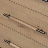 Simple and spacious, this oak dresser has six drawers paired with aged bronze and wood hardware. Waterfall shaping and soft-close undermount glides give a smooth finish Amethyst Home provides interior design, new home construction design consulting, vintage area rugs, and lighting in the Washington metro area.