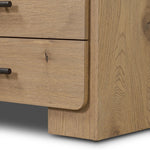 Simple and spacious, this oak nightstand has six drawers paired with aged bronze and wood hardware. Waterfall shaping and soft-close undermount glides give a smooth finish Amethyst Home provides interior design, new home construction design consulting, vintage area rugs, and lighting in the Calabasas metro area.
