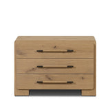 Simple and spacious, this oak nightstand has six drawers paired with aged bronze and wood hardware. Waterfall shaping and soft-close undermount glides give a smooth finish Amethyst Home provides interior design, new home construction design consulting, vintage area rugs, and lighting in the Des Moines metro area.