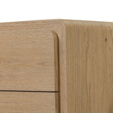 Simple and spacious, this oak nightstand has six drawers paired with aged bronze and wood hardware. Waterfall shaping and soft-close undermount glides give a smooth finish Amethyst Home provides interior design, new home construction design consulting, vintage area rugs, and lighting in the Kansas City metro area.