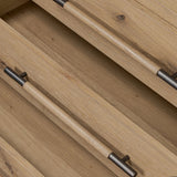 Simple and spacious, this oak nightstand has six drawers paired with aged bronze and wood hardware. Waterfall shaping and soft-close undermount glides give a smooth finish Amethyst Home provides interior design, new home construction design consulting, vintage area rugs, and lighting in the San Diego metro area.