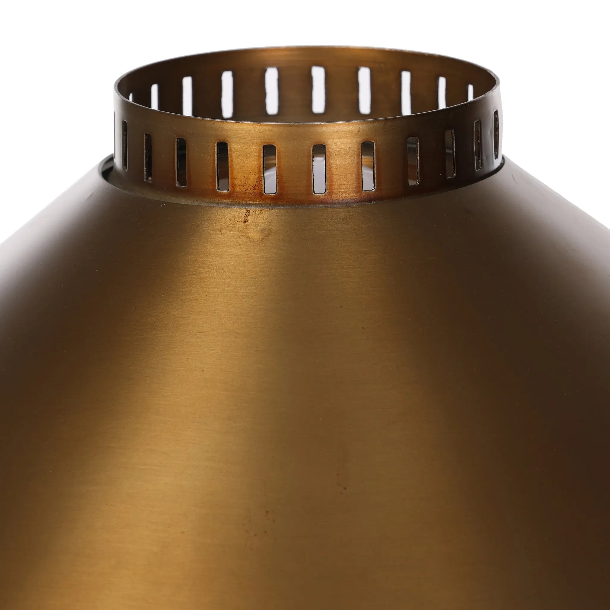 An antique brass iron dome is polished and finished with a perforated edge all around to bring a dose of industrial styling to this midcentury-inspired table lamp Amethyst Home provides interior design, new home construction design consulting, vintage area rugs, and lighting in the Charlotte metro area.