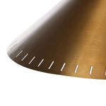 An antique brass iron dome is polished and finished with a perforated edge all around to bring a dose of industrial styling to this midcentury-inspired table lamp Amethyst Home provides interior design, new home construction design consulting, vintage area rugs, and lighting in the Houston metro area.