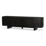 A clean-styled media console made from worn black oak. Six doors feature subtle finger grooves for easy open. Gentle curves soften up the look, while a floating design keeps things feeling light and fresh. Inside, generous shelving awaits storage of media and more. Amethyst Home provides interior design, new home construction design consulting, vintage area rugs, and lighting in the Portland metro area.