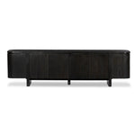 A clean-styled media console made from worn black oak. Six doors feature subtle finger grooves for easy open. Gentle curves soften up the look, while a floating design keeps things feeling light and fresh. Inside, generous shelving awaits storage of media and more. Amethyst Home provides interior design, new home construction design consulting, vintage area rugs, and lighting in the Salt Lake City metro area.