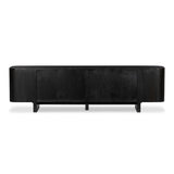 A clean-styled media console made from worn black oak. Six doors feature subtle finger grooves for easy open. Gentle curves soften up the look, while a floating design keeps things feeling light and fresh. Inside, generous shelving awaits storage of media and more. Amethyst Home provides interior design, new home construction design consulting, vintage area rugs, and lighting in the Scottsdale metro area.