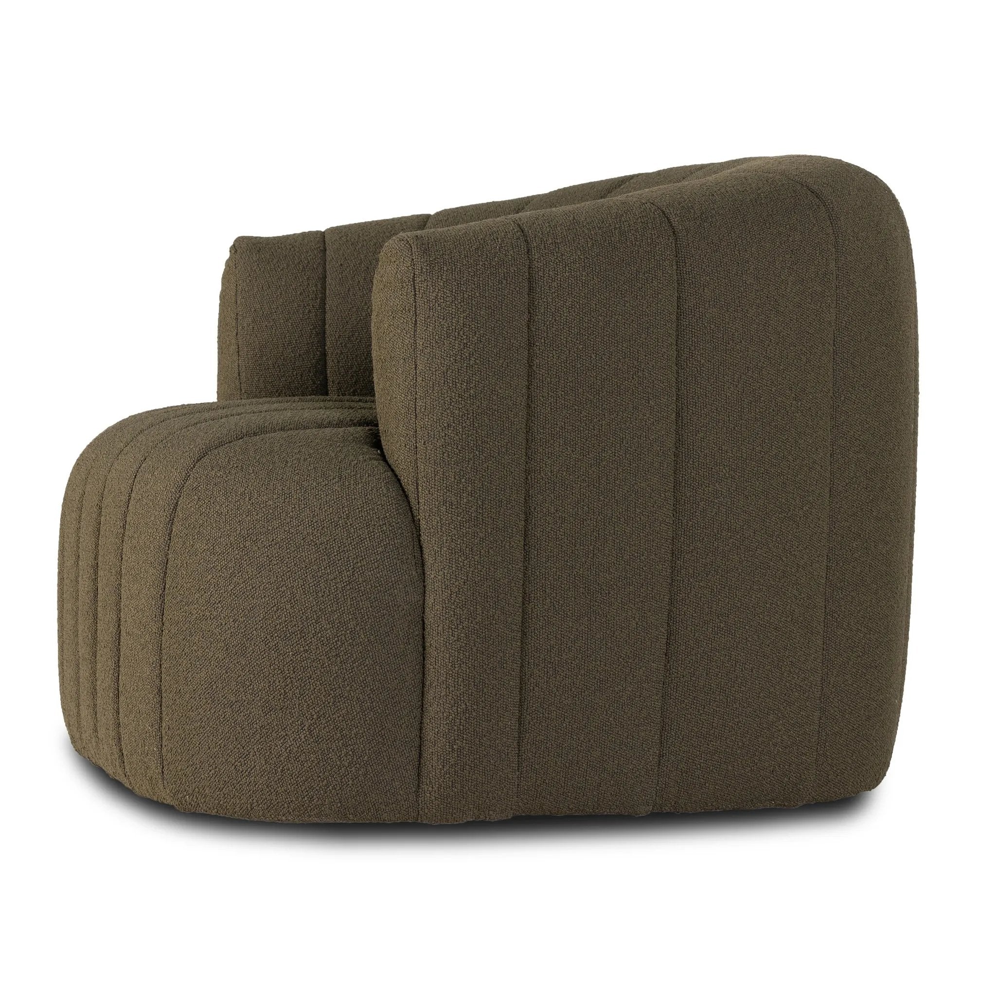 Featuring Elliana FIQA Boucle Olive Swivel Chair by Four Hands at Amethyst Home. Meet the chair that offers it all: curves, color, texture, durability, and sustainability. All atop a modern 360-degree swivel. Easy to clean and made from fully recyclable materials, FIQA fabrics are machine-washable, stain-resistant, water-repellent and antimicrobial.Overall . Amethyst Home provides interior design, new home construction design consulting, vintage area rugs, and lighting in the Calabasas metro area.