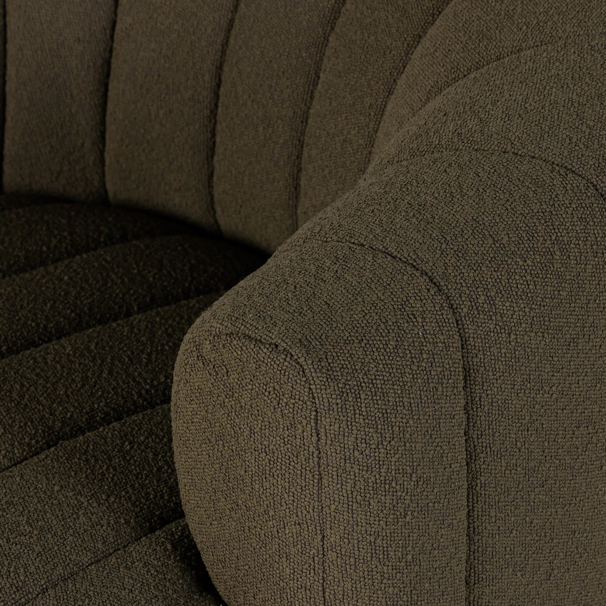 Featuring Elliana FIQA Boucle Olive Swivel Chair by Four Hands at Amethyst Home. Meet the chair that offers it all: curves, color, texture, durability, and sustainability. All atop a modern 360-degree swivel. Easy to clean and made from fully recyclable materials, FIQA fabrics are machine-washable, stain-resistant, water-repellent and antimicrobial.Overall. Amethyst Home provides interior design, new home construction design consulting, vintage area rugs, and lighting in the Des Moines metro area.