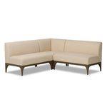 This timeless look works seamlessly into a wide range of styles and collections. With tapered wooden legs with a small curve detailing, plus an inviting U shape for that traditional banquette look. Upholstered in a beautifully neutral performance fabric, connected with alligator clips at the bottom. Amethyst Home provides interior design, new home construction design consulting, vintage area rugs, and lighting in the Miami metro area.