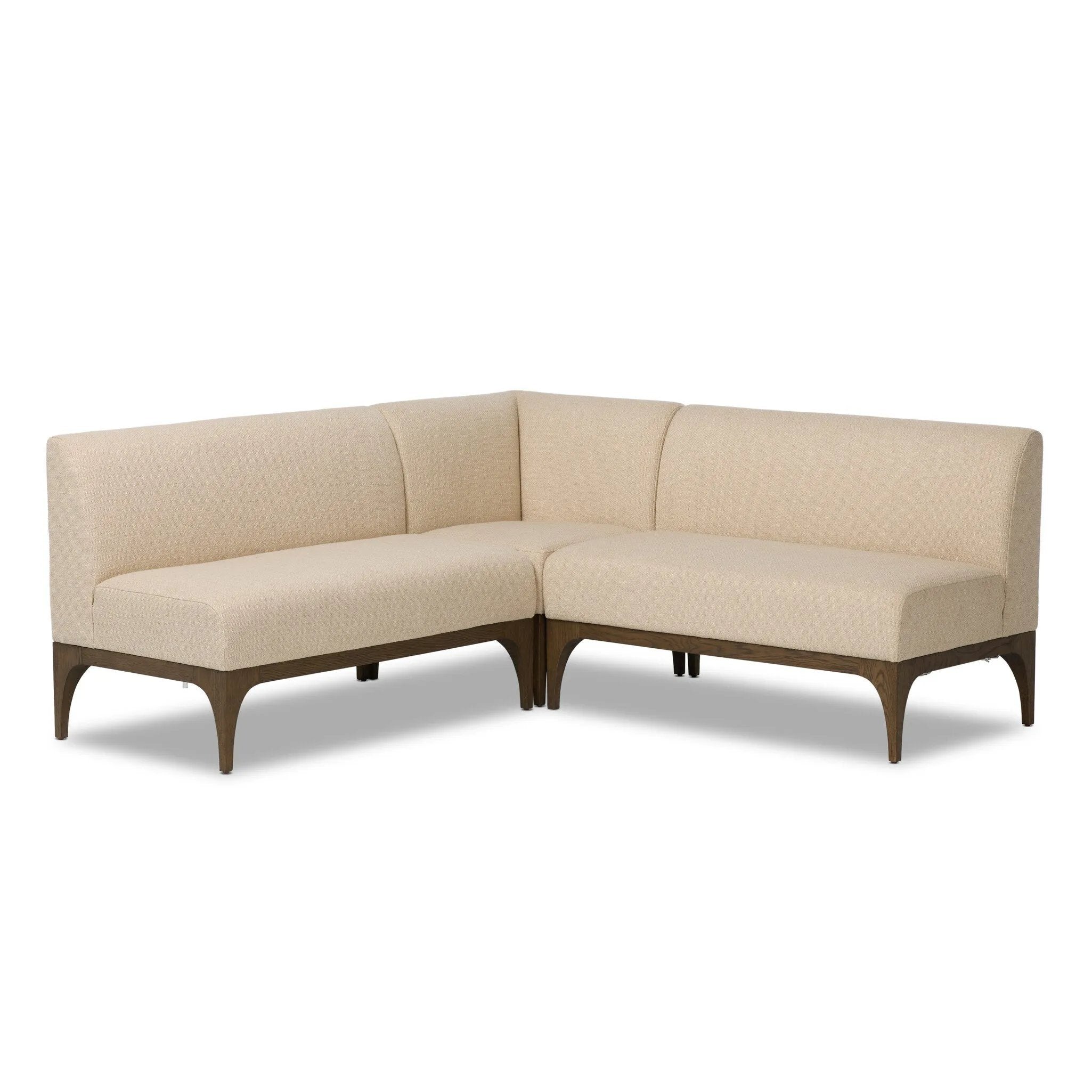 This timeless look works seamlessly into a wide range of styles and collections. With tapered wooden legs with a small curve detailing, plus an inviting U shape for that traditional banquette look. Upholstered in a beautifully neutral performance fabric, connected with alligator clips at the bottom. Amethyst Home provides interior design, new home construction design consulting, vintage area rugs, and lighting in the Miami metro area.