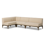 This timeless look works seamlessly into a wide range of styles and collections. With tapered wooden legs with a small curve detailing, plus an inviting U shape for that traditional banquette look. Upholstered in a beautifully neutral performance fabric, connected with alligator clips at the bottom. Amethyst Home provides interior design, new home construction design consulting, vintage area rugs, and lighting in the Seattle metro area.
