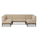 This timeless look works seamlessly into a wide range of styles and collections. With tapered wooden legs with a small curve detailing, plus an inviting U shape for that traditional banquette look. Upholstered in a beautifully neutral performance fabric, connected with alligator clips at the bottom. Configured for rectangular dining tables. Amethyst Home provides interior design, new home construction design consulting, vintage area rugs, and lighting in the Alpharetta metro area.