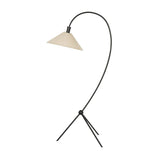 A dramatically curved silhouette and tripod base of matte black metal pair with a flax linen shade for this floor lamp's shapely, minimalist feel Amethyst Home provides interior design, new home construction design consulting, vintage area rugs, and lighting in the Park City metro area.