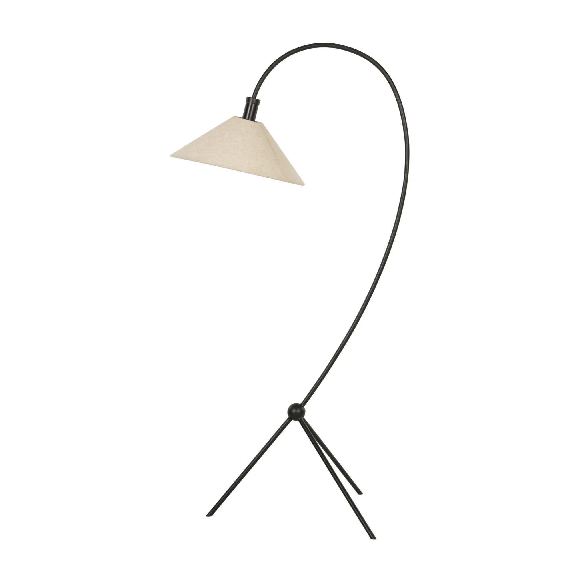 A dramatically curved silhouette and tripod base of matte black metal pair with a flax linen shade for this floor lamp's shapely, minimalist feel Amethyst Home provides interior design, new home construction design consulting, vintage area rugs, and lighting in the Park City metro area.