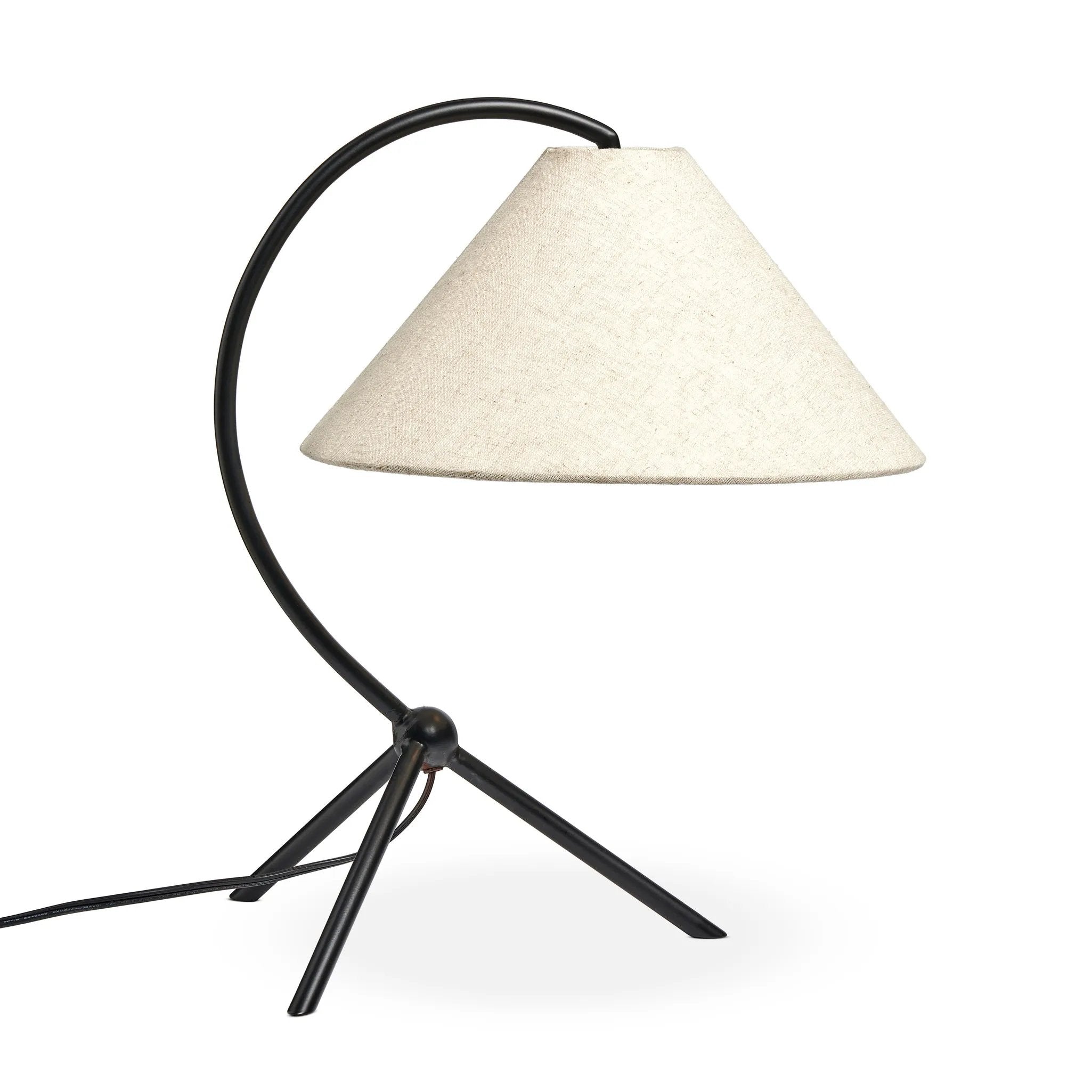 Featuring Emile Matte Black Table Lamp by Four Hands at Amethyst Home. A dramatically curved silhouette and tripod base of matte black metal pair with a flax linen shade for a shapely, minimalist feel.Overall Dimensions: 16.50"w x 14.00"d x 19.00"hWeight : 3.22 lbsMaterials : Iron, Thermoplastic, 75% Flax/Linen, 25% Cotton. Amethyst Home provides interior design, new home construction design consulting, vintage area rugs, and lighting in the Charlotte metro area.