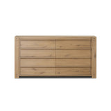 Built from thick-cut oak and veneers with an aged smoked finish, this farmhouse-inspired eight-drawer dresser features softened edges, fastening details, integrated wood hardware and soft-close drawer glides for quality construction Amethyst Home provides interior design, new home construction design consulting, vintage area rugs, and lighting in the Alpharetta metro area.