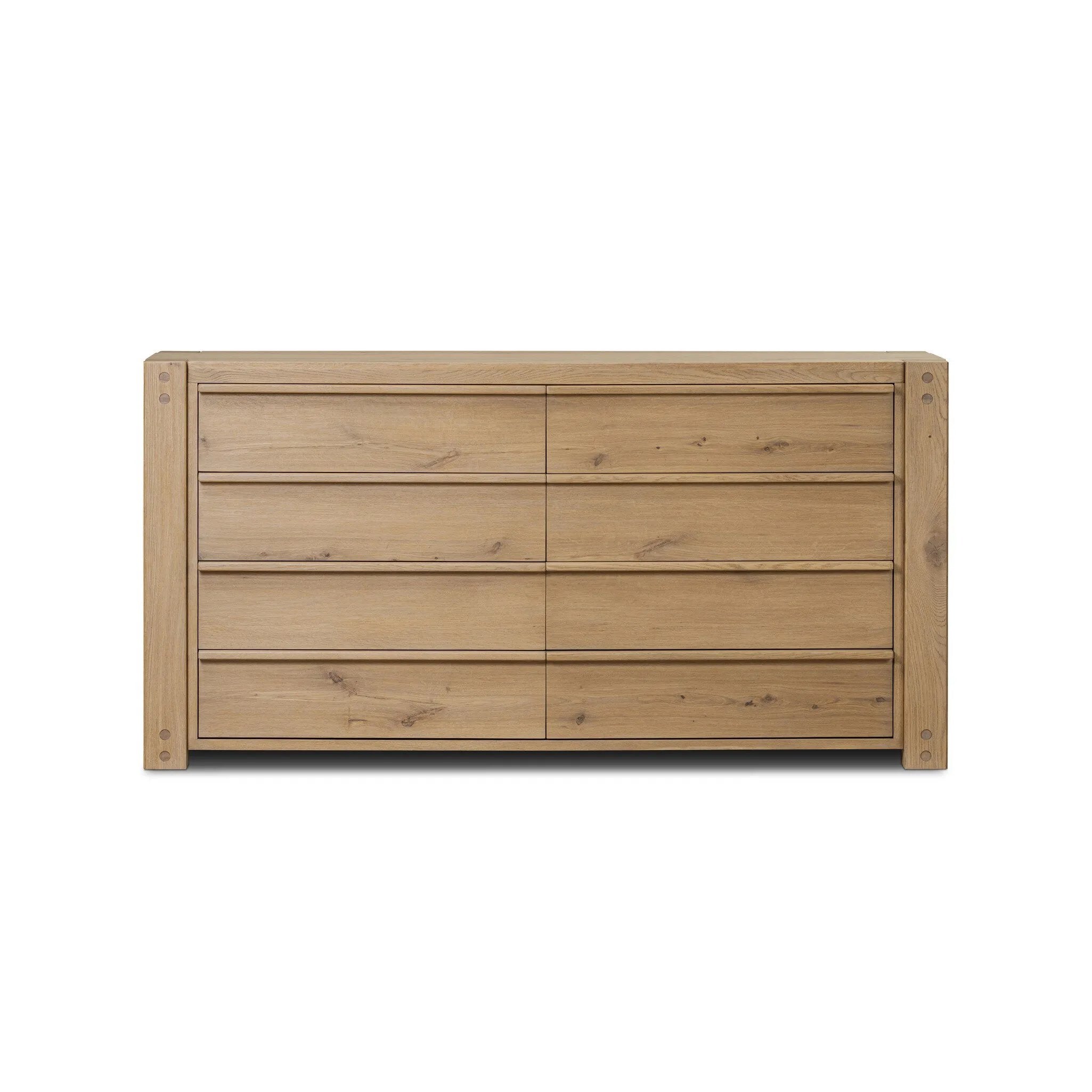 Built from thick-cut oak and veneers with an aged smoked finish, this farmhouse-inspired eight-drawer dresser features softened edges, fastening details, integrated wood hardware and soft-close drawer glides for quality construction Amethyst Home provides interior design, new home construction design consulting, vintage area rugs, and lighting in the Alpharetta metro area.