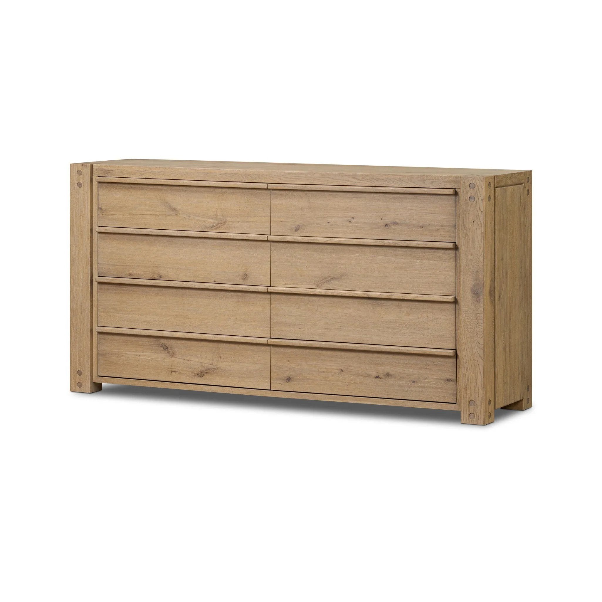 Built from thick-cut oak and veneers with an aged smoked finish, this farmhouse-inspired eight-drawer dresser features softened edges, fastening details, integrated wood hardware and soft-close drawer glides for quality construction Amethyst Home provides interior design, new home construction design consulting, vintage area rugs, and lighting in the Des Moines metro area.