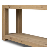 Built from thick-cut oak and veneers with an aged smoked finish, this farmhouse-inspired console table features chunky squared legs and a stretcher base for extra storage Amethyst Home provides interior design, new home construction design consulting, vintage area rugs, and lighting in the Calabasas metro area.