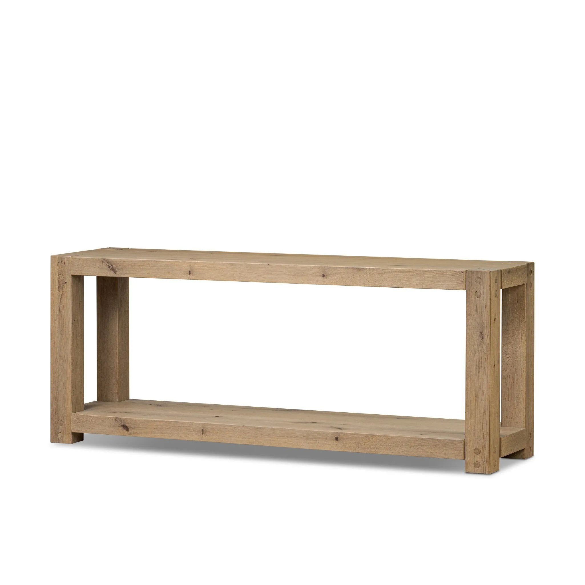 Built from thick-cut oak and veneers with an aged smoked finish, this farmhouse-inspired console table features chunky squared legs and a stretcher base for extra storage Amethyst Home provides interior design, new home construction design consulting, vintage area rugs, and lighting in the Park City metro area.