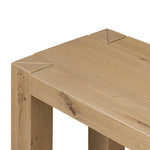 Built from thick-cut oak and veneers with an aged smoked finish, this farmhouse-inspired console table features chunky squared legs and a stretcher base for extra storage Amethyst Home provides interior design, new home construction design consulting, vintage area rugs, and lighting in the Tampa metro area.