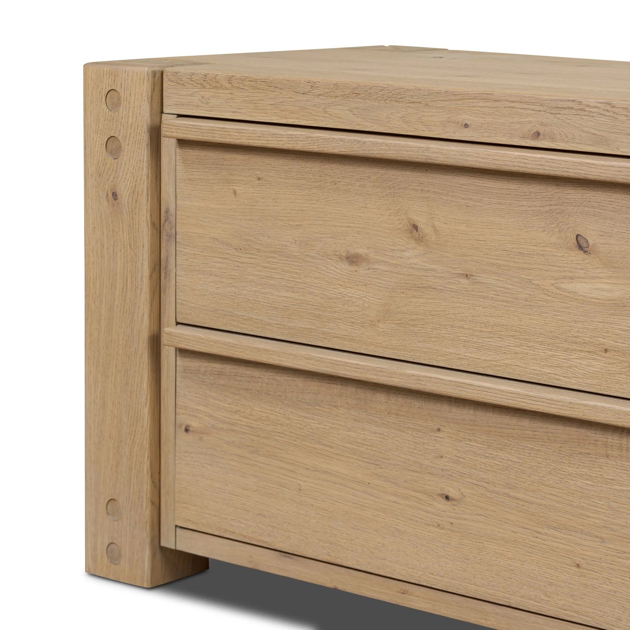 Built from thick-cut oak and veneers with an aged smoked finish, this farmhouse-inspired nightstand features softened edges, fastening details, integrated wood hardware and soft-close drawer glides for quality construction Amethyst Home provides interior design, new home construction design consulting, vintage area rugs, and lighting in the Houston metro area.