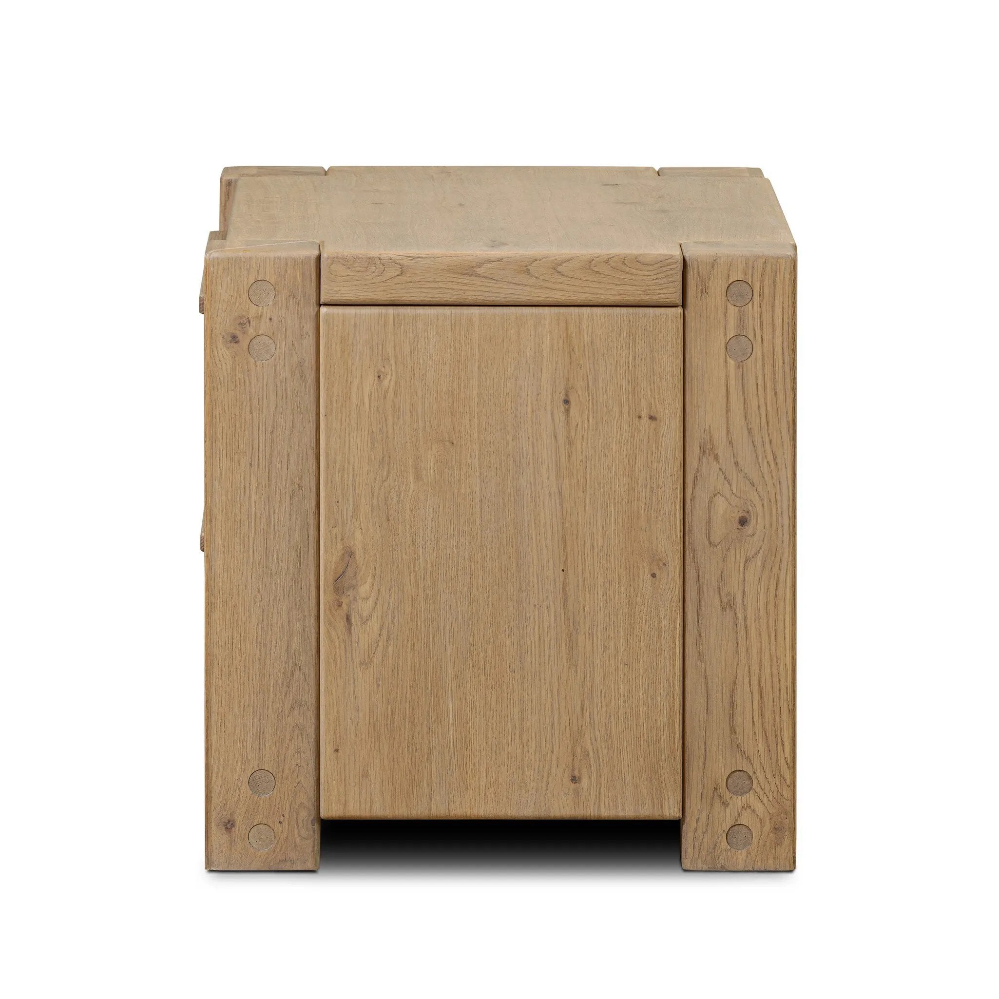 Built from thick-cut oak and veneers with an aged smoked finish, this farmhouse-inspired nightstand features softened edges, fastening details, integrated wood hardware and soft-close drawer glides for quality construction Amethyst Home provides interior design, new home construction design consulting, vintage area rugs, and lighting in the Nashville metro area.