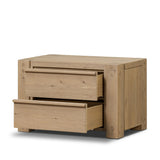 Built from thick-cut oak and veneers with an aged smoked finish, this farmhouse-inspired nightstand features softened edges, fastening details, integrated wood hardware and soft-close drawer glides for quality construction Amethyst Home provides interior design, new home construction design consulting, vintage area rugs, and lighting in the Omaha metro area.