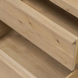 Built from thick-cut oak and veneers with an aged smoked finish, this farmhouse-inspired nightstand features softened edges, fastening details, integrated wood hardware and soft-close drawer glides for quality construction Amethyst Home provides interior design, new home construction design consulting, vintage area rugs, and lighting in the Scottsdale metro area.