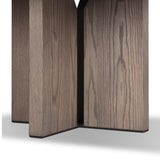 Inspired by minimalist Nordic design, a grey-finished oak dining table has a base of four plinth legs for a simple but impactful detail Amethyst Home provides interior design, new home construction design consulting, vintage area rugs, and lighting in the Boston metro area.