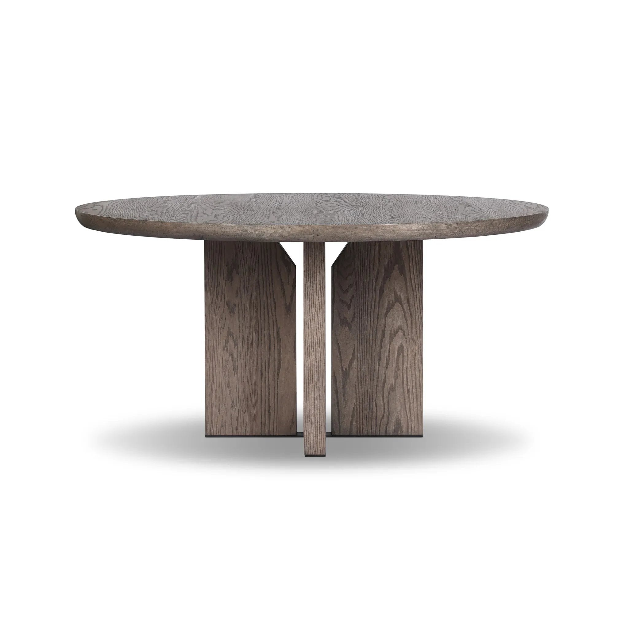 Inspired by minimalist Nordic design, a grey-finished oak dining table has a base of four plinth legs for a simple but impactful detail Amethyst Home provides interior design, new home construction design consulting, vintage area rugs, and lighting in the Scottsdale metro area.