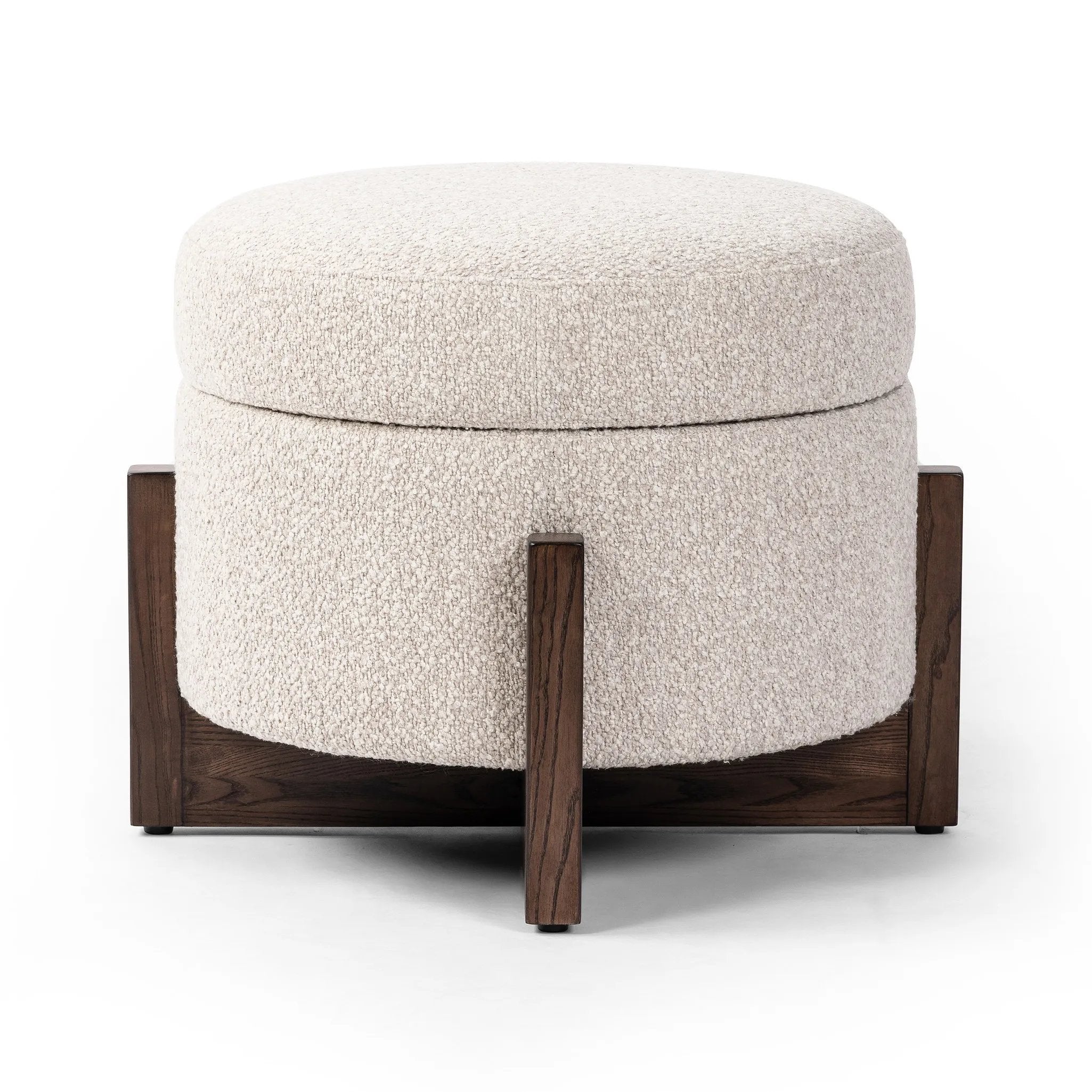 Featuring Esben Sattley Fog Storage Ottoman by Four Hands at Amethyst Home. Get extra storage and an extra spot for lounging or propped feet in one. This coffee table-sized storage ottoman features a loose top to store extra blankets and more. Upholstered in a textural boucle-like performance fabric, perfect for everyday messes. Finished with an X-frame parawo. Amethyst Home provides interior design, new home construction design consulting, vintage area rugs, and lighting in the Boston metro area.