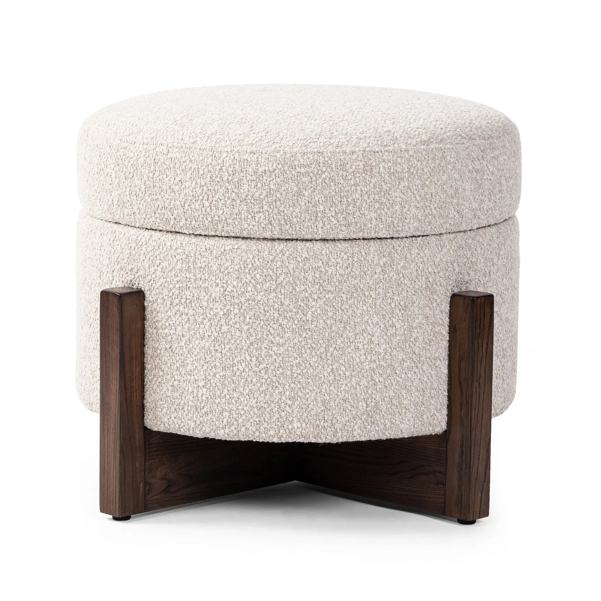 Featuring Esben Sattley Fog Storage Ottoman by Four Hands at Amethyst Home. Get extra storage and an extra spot for lounging or propped feet in one. This coffee table-sized storage ottoman features a loose top to store extra blankets and more. Upholstered in a textural boucle-like performance fabric, perfect for everyday messes. Finished with an X-frame parawoo. Amethyst Home provides interior design, new home construction design consulting, vintage area rugs, and lighting in the Miami metro area.