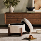 Featuring Esben Sattley Fog Storage Ottoman by Four Hands at Amethyst Home. Get extra storage and an extra spot for lounging or propped feet in one. This coffee table-sized storage ottoman features a loose top to store extra blankets and more. Upholstered in a textural boucle-like performance fabric, perfect for everyday messes. Finished with an X-fram. Amethyst Home provides interior design, new home construction design consulting, vintage area rugs, and lighting in the Salt Lake City metro area.