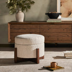 Featuring Esben Sattley Fog Storage Ottoman by Four Hands at Amethyst Home. Get extra storage and an extra spot for lounging or propped feet in one. This coffee table-sized storage ottoman features a loose top to store extra blankets and more. Upholstered in a textural boucle-like performance fabric, perfect for everyday messes. Finished with an X-frame paraw. Amethyst Home provides interior design, new home construction design consulting, vintage area rugs, and lighting in the Seattle metro area.