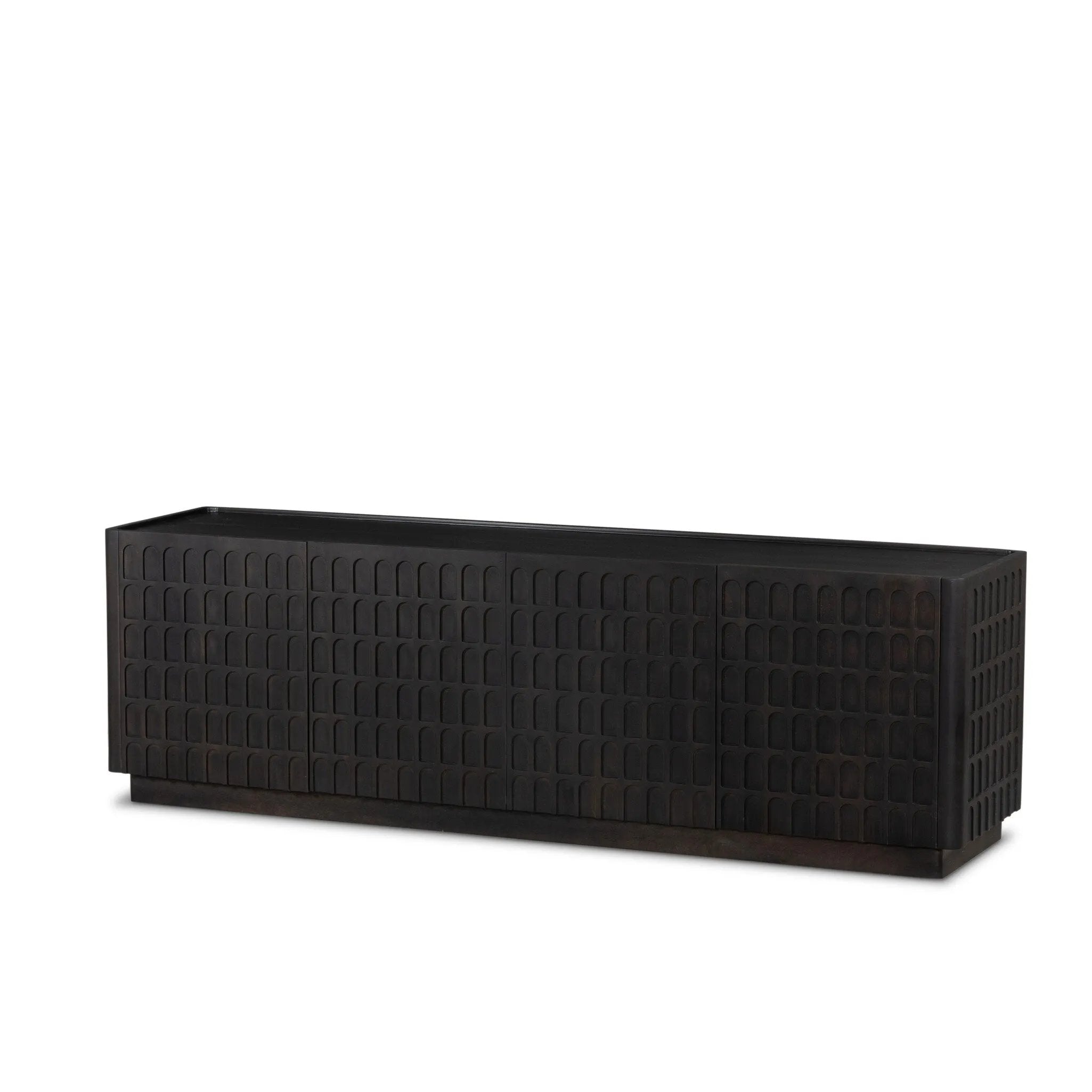 A carved geometric pattern adds a layer of visual depth to this vintage brown-finished mango media console. Rounded edges and a recessed top surface complete the look. Rear cutouts for cord management.As lovers of natural design at Amethyst, we love the optimistic inspired Essie Media Console - Vintage Brown. Amethyst Home provides interior design, new home construction design consulting, vintage area rugs, and lighting in the Portland metro area.