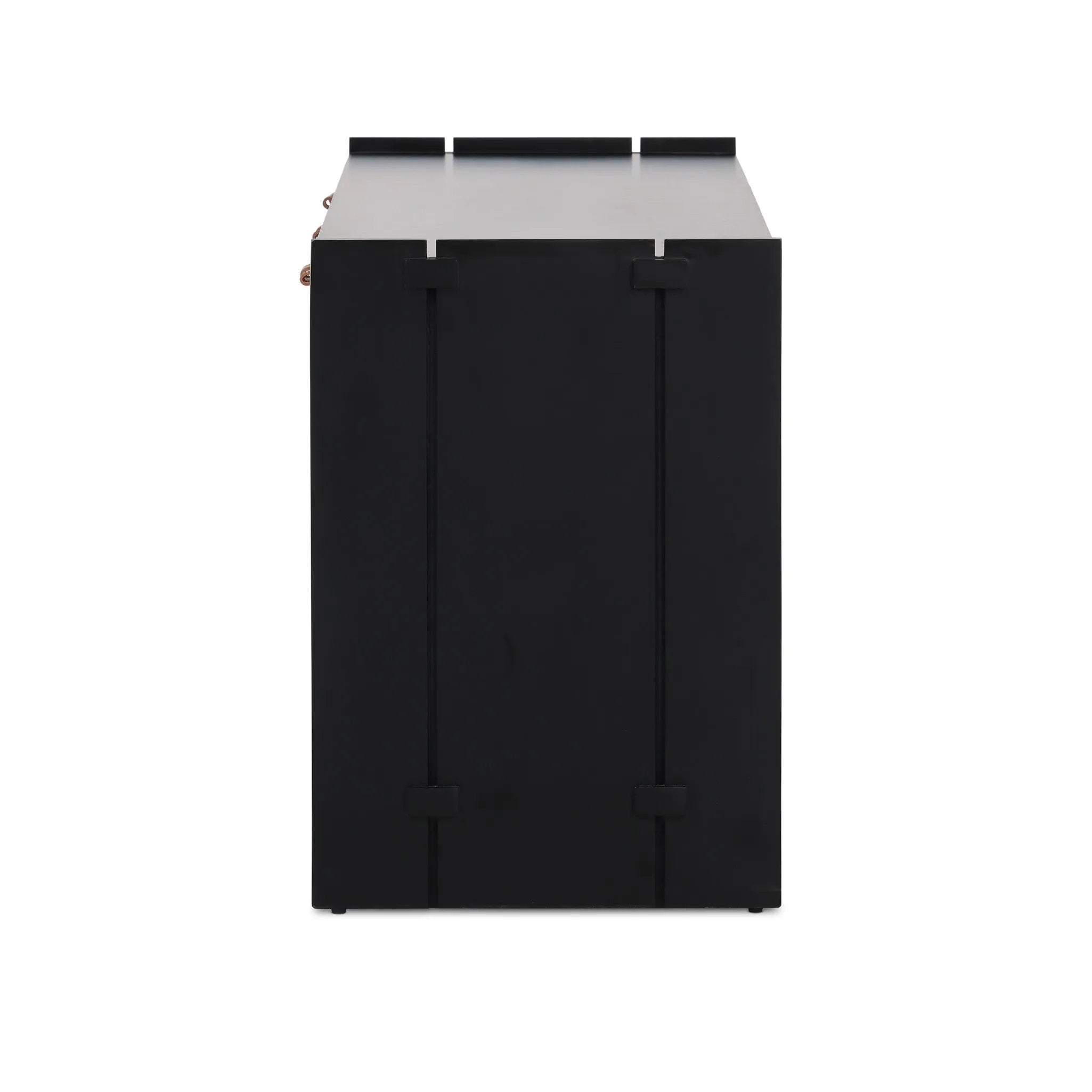 Featuring Etro Black Wash Poplar Media Console by Four Hands at Amethyst Home. Inspired by retro European design, a character-rich media console is made from black-finished poplar, with mortise and tenon joinery spanning its sides. Door pulls of top-grain leather add a textural finishing touch, while three rear cutouts keep cords out of sight.Overall Dimen. Amethyst Home provides interior design, new home construction design consulting, vintage area rugs, and lighting in the Scottsdale metro area.