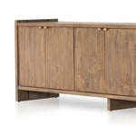 Featuring Etro Tawny Pine Media Console by Four Hands at Amethyst Home. Inspired by retro European design, a character-rich media console is made from solid pine, with mortise and tenon joinery spanning its sides. Door pulls of top-grain leather add a textural finishing touch, while three rear cutouts keep cords out of sight.Overall Dimensions: 78.00"w x 18.00". Amethyst Home provides interior design, new home construction design consulting, vintage area rugs, and lighting in the Miami metro area.