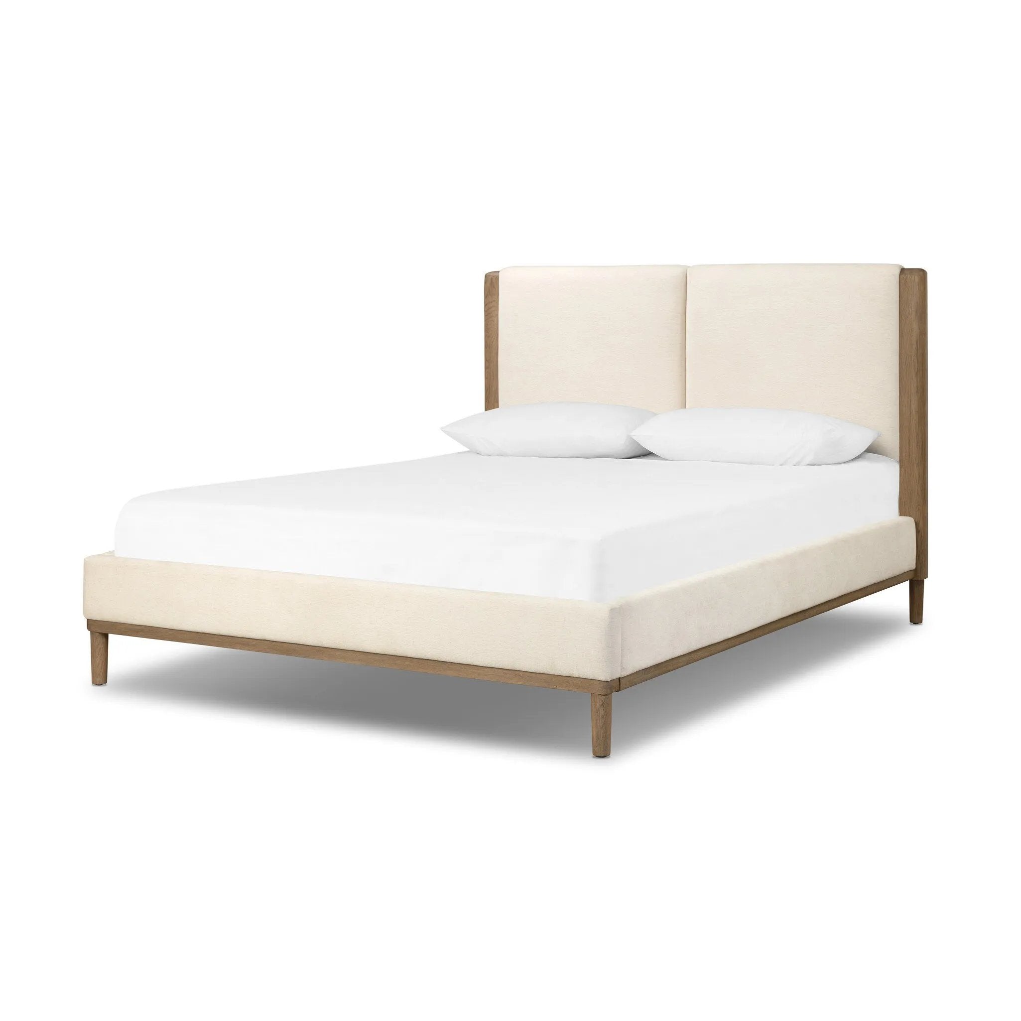 Midcentury and Danish design influence merge in this modern transitional bed. A headboard of oak veneer and two upholstered panels deliver contrast and softness at once.As lovers of luxe materials at Amethyst, we love the warm modern inspired Ettie Bed. This item pairs well with other brands such as Surya and is perfect for modern homes Amethyst Home provides interior design, new home construction design consulting, vintage area rugs, and lighting in the Alpharetta metro area.