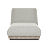 Play with contrast — in shape, material and proportion. Generous, sink-in cushioning sits atop a small, tapered woven plinth base, with structured upholstery with heavy texture inviting a comfortable sit on this outdoor chaise. Cover or store indoors during inclement weather and when not in use. Amethyst Home provides interior design, new home construction design consulting, vintage area rugs, and lighting in the Boston metro area.