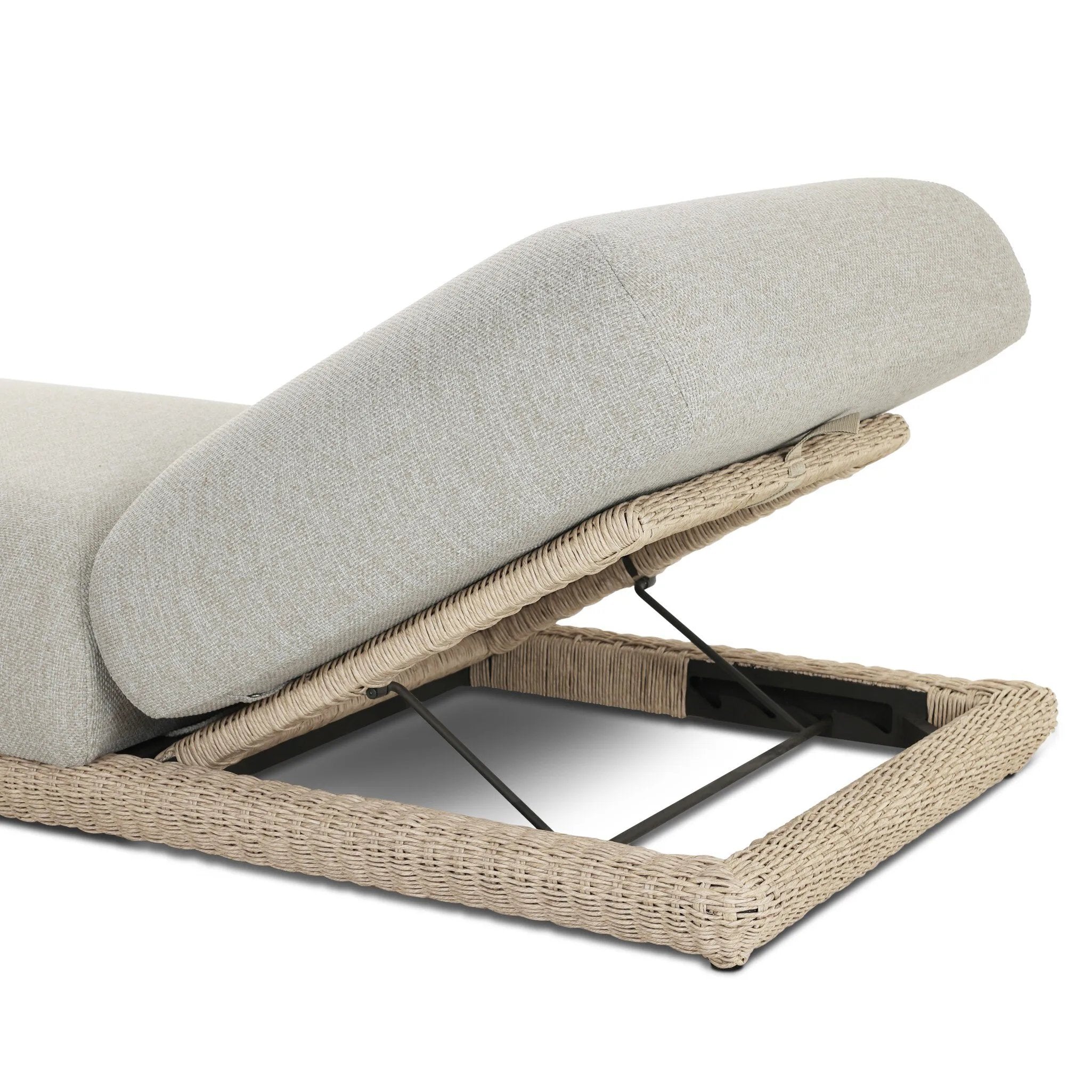 Play with contrast — in shape, material and proportion. Generous, sink-in cushioning sits atop a small, tapered woven plinth base, with structured upholstery with heavy texture inviting a comfortable sit on this outdoor chaise. Cover or store indoors during inclement weather and when not in use. Amethyst Home provides interior design, new home construction design consulting, vintage area rugs, and lighting in the Monterey metro area.