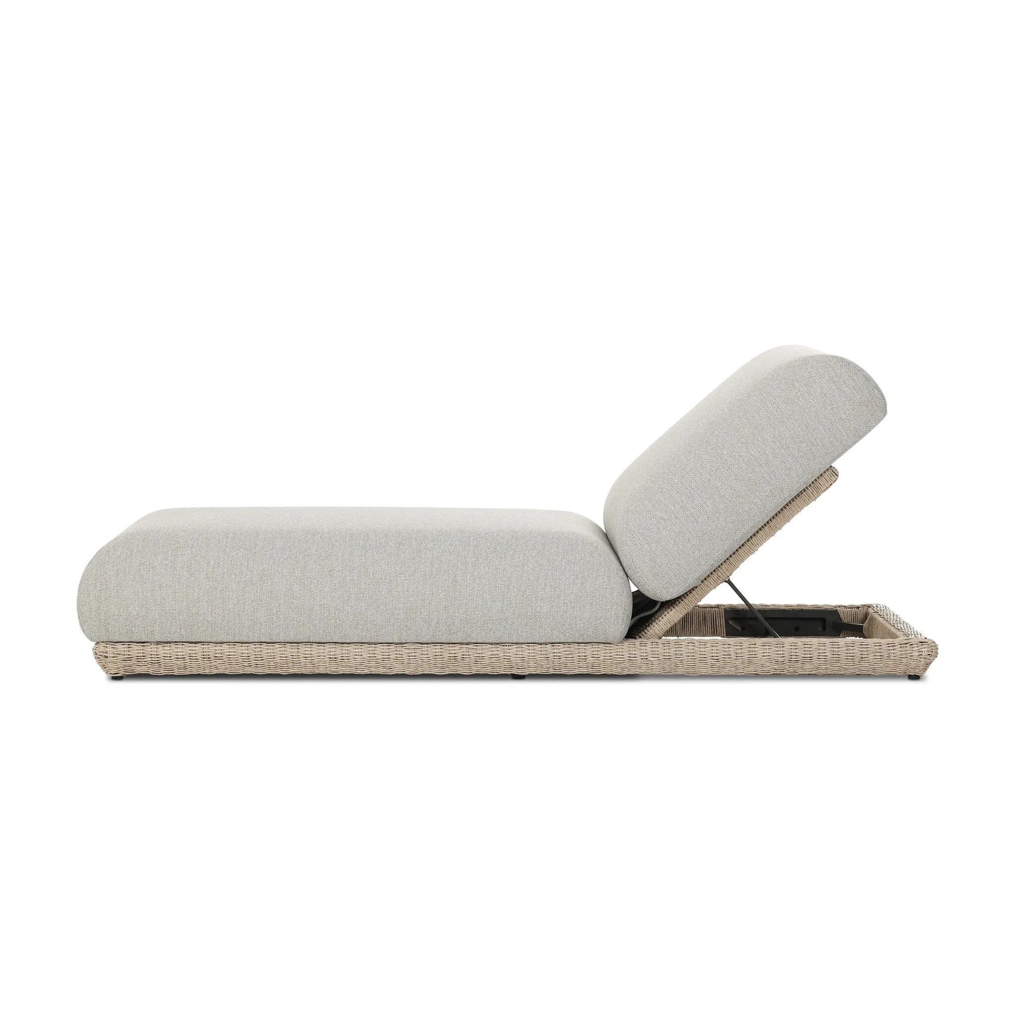 Play with contrast — in shape, material and proportion. Generous, sink-in cushioning sits atop a small, tapered woven plinth base, with structured upholstery with heavy texture inviting a comfortable sit on this outdoor chaise. Cover or store indoors during inclement weather and when not in use. Amethyst Home provides interior design, new home construction design consulting, vintage area rugs, and lighting in the Omaha metro area.